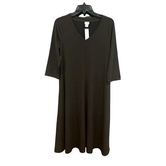 Chico’s Chocolate Brown Stretch Knit Midi Dress V-Neck 3/4 Sleeve Travel Women’s - Picture 9 of 12
